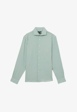 Světle zelená dlouhá košile s knoflíky vyrobená z texturované tkaniny. Má klasický límec a přední zapínání na knoflíky, s manžetami na knoflíky.
