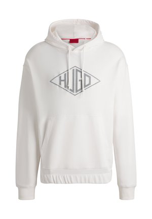 Valkoinen huppari, jossa on timantinmuotoinen harmaa logo "HUGO" edessä, nyörit ja kengurupocket. Pehmeä materiaali ja ribatut hihansuut.