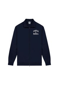 Marineblå jakke med lynlås lavet af glat stof, der har en høj krave og hvid "FRANKLIN & MARSHALL" logo på venstre bryst.