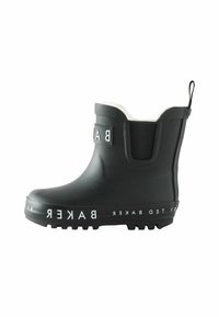 Bottine noire en caoutchouc avec une doublure en polaire blanche, panneau latéral élastique et semelle texturée. Présente le mot "BAKER" en lettres majuscules.
