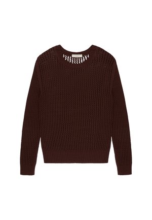 Dunkelbrauner, langärmliger Strickpullover mit rundem Ausschnitt und einem atmungsaktiven, offenmaschigen Muster durchgehend.