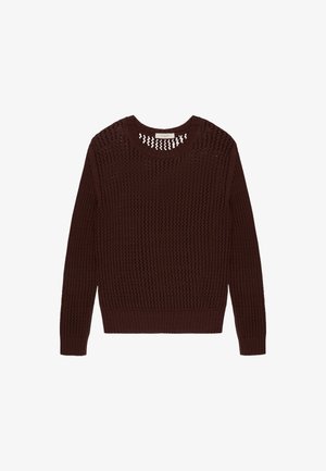 Pull en tricot marron foncé à manches longues avec un col rond et un motif ajouré respirant sur toute la surface.