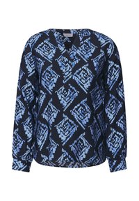 Blusa a maniche lunghe blu navy con un motivo geometrico azzurro chiaro, scollatura a V e polsini arricciati per una vestibilità comoda.