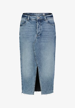 Light blue denim skirt with a front slit. Features a faded texture, five-pocket design, and raw hem detail. Brand tag visible at the waist.