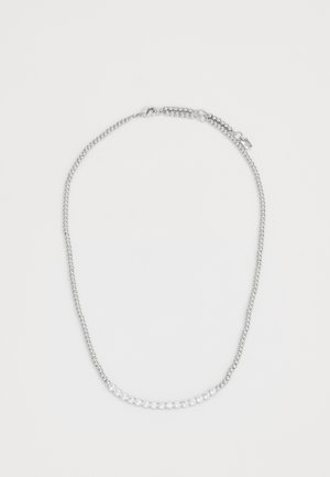 Silver chain necklace featuring round, clear gemstones set in a line, alternating with smooth links, and finished with a lobster clasp.