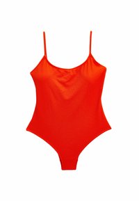 Kirkkaan punainen yksiosa swimsuit ohuiden säädettävien hihnojen kanssa, kaareva pääntie, teksturoitu kangas ja korkeat lahkeet. Yksinkertainen, saumaton muotoilu.