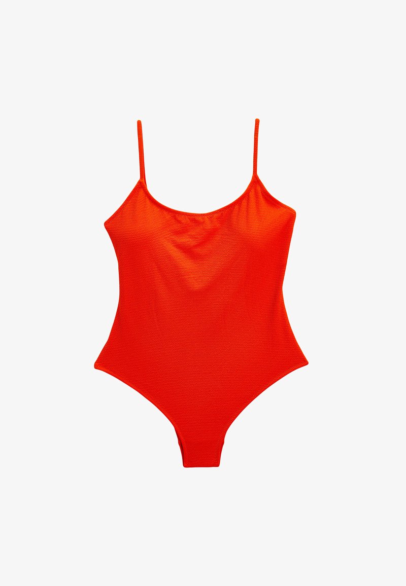 Leuchtend roter Badeanzug mit dünnen, verstellbaren Trägern, runder Ausschnitt, strukturiertem Stoff und hochgeschnittenen Beinen. Einfaches, nahtloses Design.