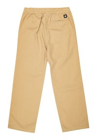 Khaki bavlněné kalhoty s uvolněným střihem, elastickým pasem a jednou zadní kapsou. Hladká textura a přímý střih nohavic.