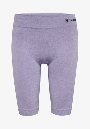 Purple sports leggings made of soft fabric, featuring a wide waistband and ribbed cuffs, with a small black logo on the waistband.