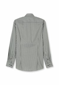 Button-up shirt featuring vertical gray and white stripes, long sleeves, a standard collar, and buttoned cuffs with a curved hem.