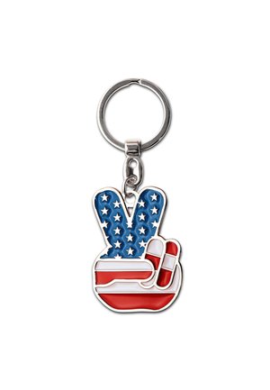 Keychain featuring a hand gesture with a peace sign, designed in red and blue with white stars, resembling the American flag. Metal loop attachment.