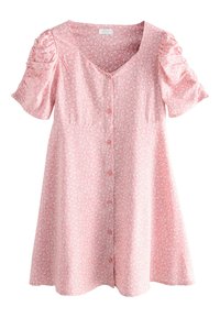 Rosa blommig kortärmad klänning med v-ringning, med knapprad fram och puffärmar, tillverkad av lätt tyg med mjuk textur.