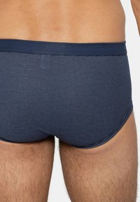 Donkerblauwe gestreepte zwemslip met een elastische tailleband. Gladde textuur met een getailleerd ontwerp, dat een slanke silhoutte benadrukt.
