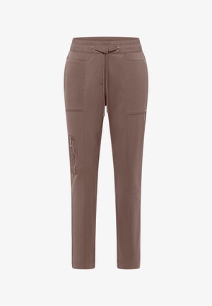 Pantalon brun à jambes droites avec taille élastique, cordon de serrage, grandes poches avant et une poche latérale zippée sur la jambe gauche.