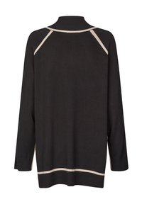 Maglione nero a maniche lunghe, con collo alto e dettagli beige a contrasto lungo le cuciture delle spalle e l'orlo.