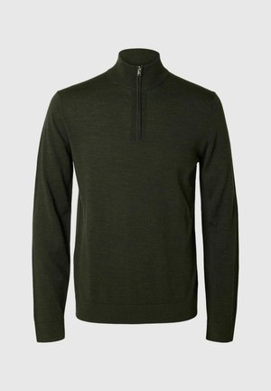 Selected, SLMTRAY LS KNIT MERINO HALF ZIP NOOS - Svetrík - forest night