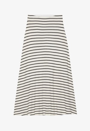 Una gonna alla lunghezza del ginocchio realizzata in tessuto morbido, con strisce orizzontali alternate nere e bianche, una silhouette svasata e una vita comoda.