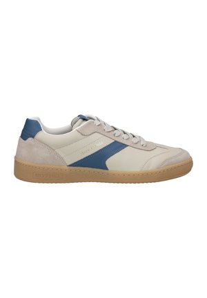 White and light gray leather sneakers with blue accents, suede details, and a textured gum sole. Features a logo on the side and lace closure.