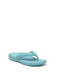 Aqua blue flip-flop with a textured sole, featuring a thong strap with cut-out details and a smooth, glossy finish. Soft material throughout.
