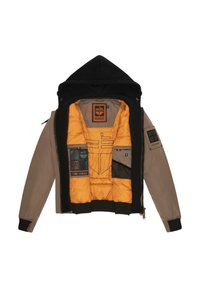 Giacca cappuccio marrone e nera con un vivace rivestimento arancione trapuntato, dotata di diverse tasche e vari patch del marchio all'interno.