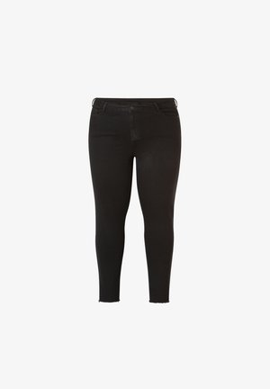 Zwarte skinny jeans van denim, met een middelhoge taille, vijf zakken en een rafelige zoom bij de enkel. Gladde textuur en aansluitende pasvorm.