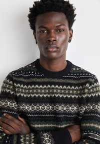 Strickpullover in dunklen Farben mit aufwendigen geometrischen Mustern in Grün und Weiß. Gerippter schwarzer Halsausschnitt und Bündchen. Weicher Stoff.