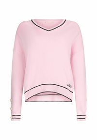 Rosa gestrickter Pullover mit V-Ausschnitt, der schwarze Kanten am Ausschnitt und Saum aufweist, sowie dekorativen Knöpfen an den Ärmeln. Markenlogo sichtbar.