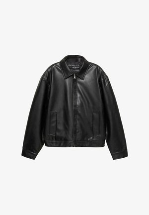 Zwarte leren jas met een ritssluiting aan de voorkant, brede kraag en twee zijzakken. Losse pasvorm met een gladde textuur en een minimalistisch ontwerp.