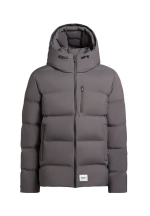 Grau gefütterte Jacke mit Kapuze, ausgestattet mit einem Vorderreißverschluss, horizontaler Steppung, Brusttasche und Logo-Akzent am Saum.
