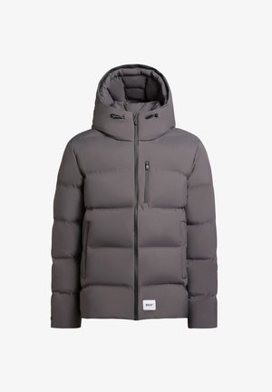 Giacca a vento grigia con cappuccio, dotata di zip frontale, design trapuntato orizzontale, tasca sul petto e accento logo sull'orlo.