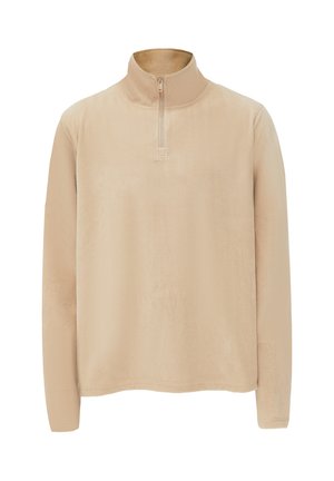 Beige fleece pullover met een half-rits kraag. Lange mouwen, gladde textuur en minimalistisch ontwerp. Geschikt voor casual draag en layering.