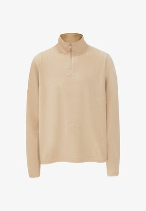 Beige fleece pullover met een half-rits kraag. Lange mouwen, gladde textuur en minimalistisch ontwerp. Geschikt voor casual draag en layering.