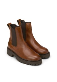Braune Leder Chelsea Boots mit elastischen Seitenteilen, einer abgerundeten Zehenpartie und einer robusten Gummisohle. Mit Zuglaschen für ein einfaches Anziehen.