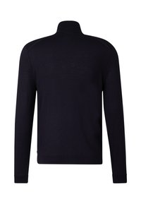 Dunkelblauer Pullover mit hohem Kragen, langen Ärmeln und gerippten Bündchen. Glatte Textur, keine sichtbaren Muster oder Verzierungen.