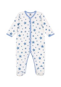 Baby-Body mit blauem Sternmuster, aus weichem Stoff, mit langen Ärmeln, V-Ausschnitt und Druckknöpfen an der Vorder- und Beinseite.