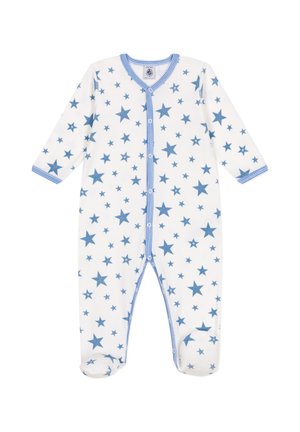 Baby-Body mit blauem Sternmuster, aus weichem Stoff, mit langen Ärmeln, V-Ausschnitt und Druckknöpfen an der Vorder- und Beinseite.