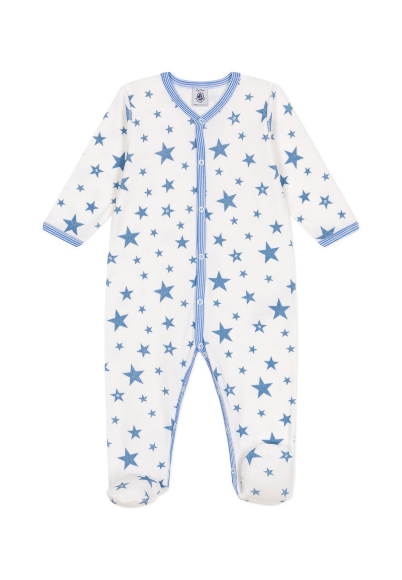 Baby-Body mit blauem Sternmuster, aus weichem Stoff, mit langen Ärmeln, V-Ausschnitt und Druckknöpfen an der Vorder- und Beinseite.