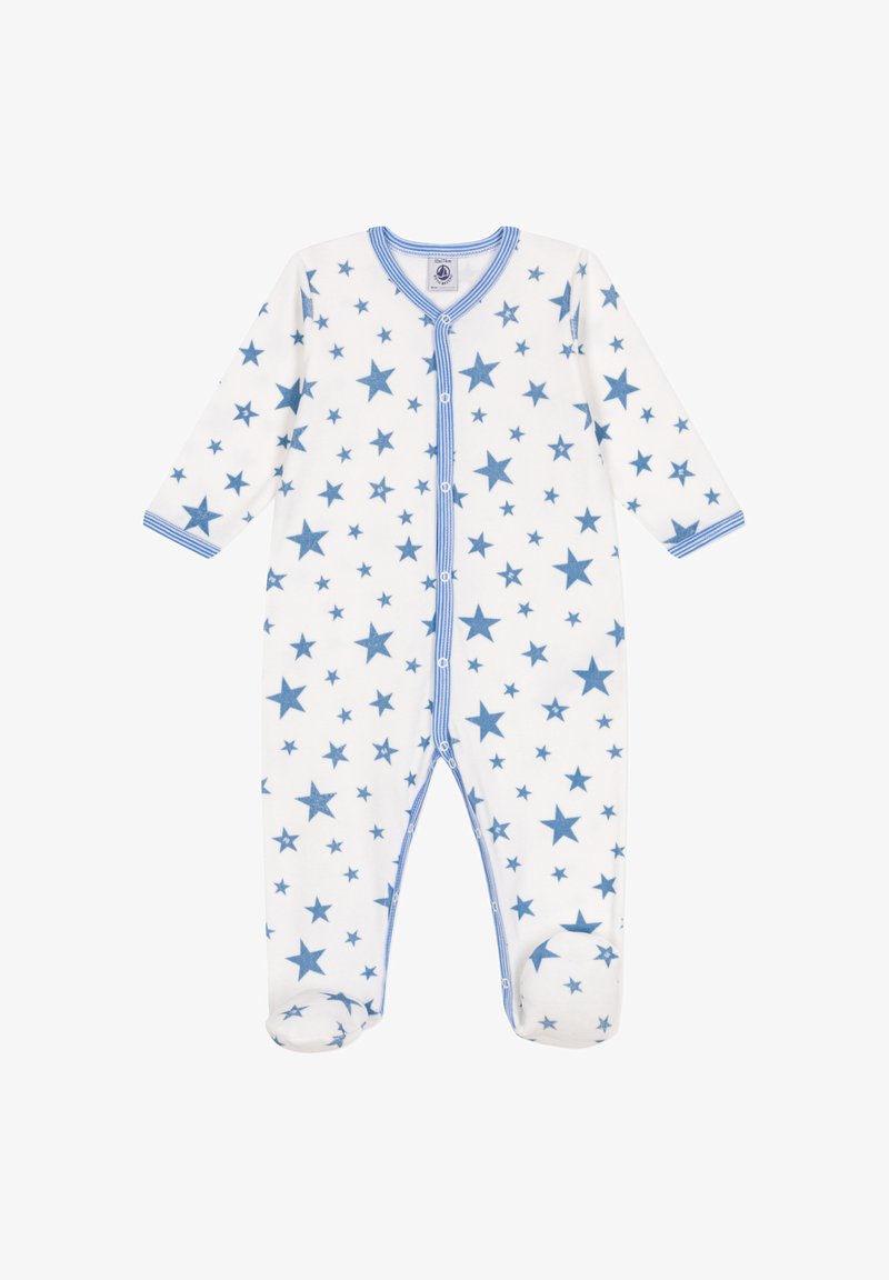 Body neonato blu con motivo a stelle, realizzato in tessuto morbido, con maniche lunghe, scollatura a V e chiusure a snap davanti e sulle gambe.