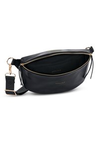 Borsa a tracolla nera in pelle con zip dorata, tracolla regolabile e logo impresso. Presenta un interno spazioso con una texture liscia.
