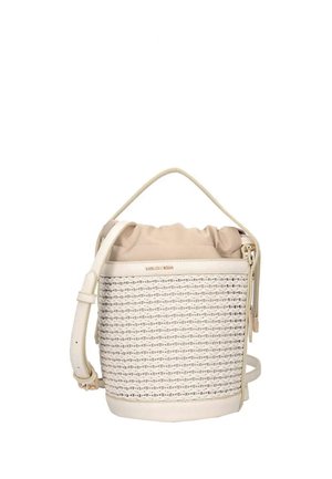 Borsa a secchiello beige e bianca con trama intrecciata, tracolla regolabile, chiusura a coulisse in tessuto e piccolo logo dorato sul davanti.
