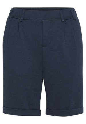 Shorts bleu marine en tissu texturé, avec des ourlets roulés, un devant plat et deux poches latérales, dotés d'une taille ajustée.