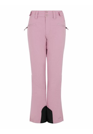 Pink ski pants with a smooth texture, zippered side pockets, and black lower hems. Features a waistband with two buttons and reinforced seams.