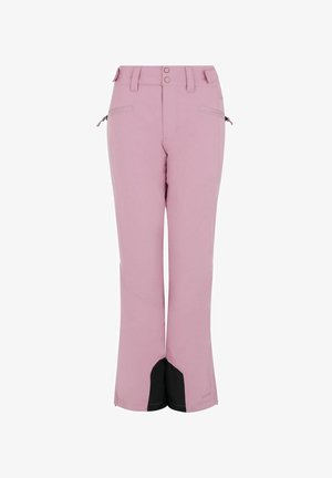 Rosa Skihosen mit einer glatten Textur, seitlichen Reißverschlusstaschen und schwarzen unteren Säumen. Mit einem Bund mit zwei Knöpfen und verstärkten Nähten.