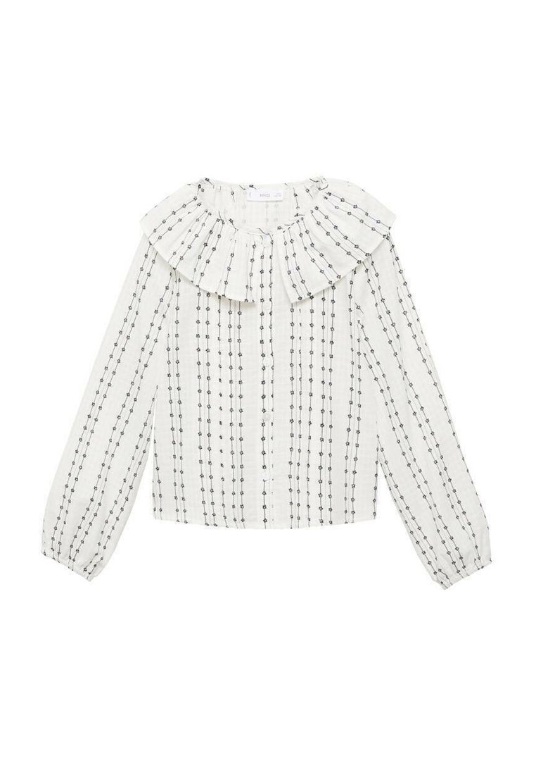 Blusa bianca con colletto arricciato, maniche lunghe e motivi a righe nere verticali alternati a piccoli punti. Tessuto morbido.