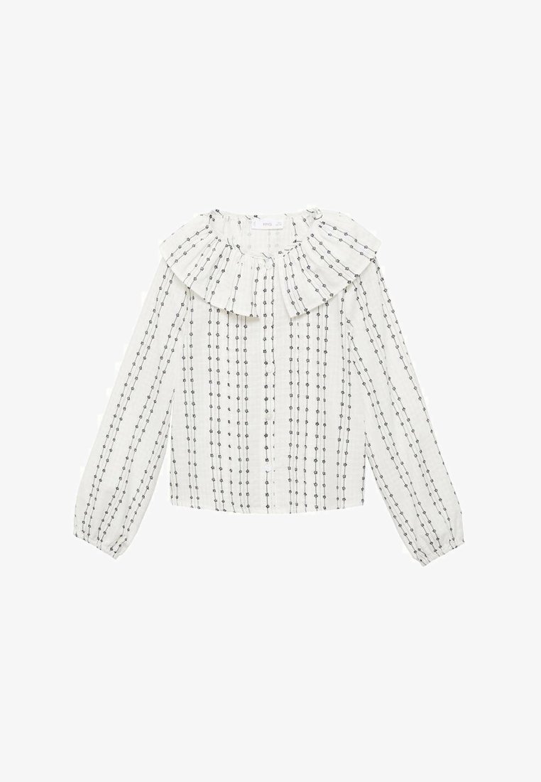 Biała bluzka z falbanistym kołnierzykiem, długimi rękawami oraz pionowymi czarnymi liniami przeplatającymi się z małymi kropkami. Miękka faktura tkaniny.