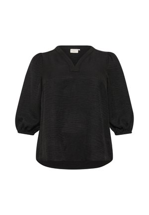 Blusa negra con escote en V, mangas abullonadas de tres cuartos y superficie texturizada. Dobladillo redondeado y corte relajado. Sin patrones ni acentos visibles.