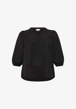 Black blouse with a V-neck, three-quarter puff sleeves, and a textured surface. Rounded hem and relaxed fit. No visible patterns or accents.