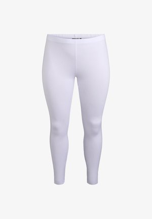 Baltas legingi, izgatavoti no elastīga auduma, ar augstu jostasvietu un gludu tekstūru, kas paredzēti komfortam un kustību brīvībai.
