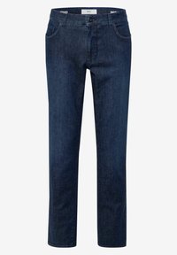 Jeans i denim, mörkblå, rak ben-design, femfickasmodell, med knappstängning och dragkedja. Slät yta, minimala sömnadsdetaljer.