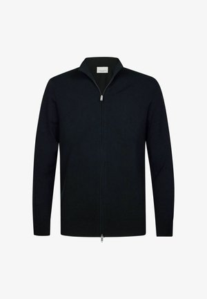 Zwarte cardigan met volledige ritssluiting, lange mouwen en een opstaande kraag, weergegeven tegen een witte achtergrond.